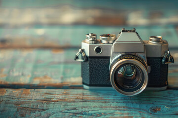 An antique vintage camera with a lens cap off, seated on a rustic table, capturing the essence of classic photography and timeless elegance.. AI generated.