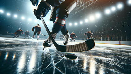 A close-up view of an ice hockey player on the rink, focusing on the hockey stick and skates. The player is in action, with other players visible in the background.