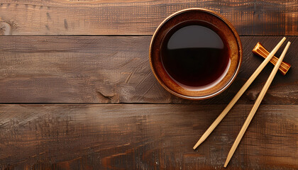 Wall Mural - Bowl with soy sauce and chopsticks on wooden table, top view. Space for text