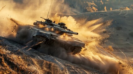 Poster - Military tank in action on dusty terrain