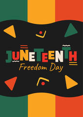 Juneteenth poster with colorful playful letters, symbols and flag. Freedom day. Modern bold trendy vector template with text.