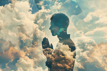 Wall Mural - A man is praying in the sky with clouds above him