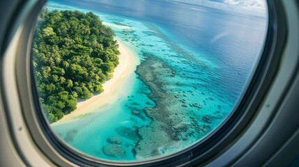 Wall Mural - Aerial view of tropical island through airplane window