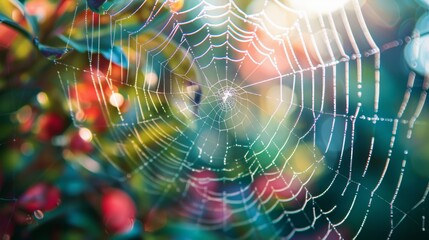 A close-up of a spider web with morning dew, glistening in the sunlight against a colorful, blurred natural background.