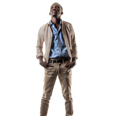 Young african man in casual business attire isolated on a checkered background with hands on his hips, smiling