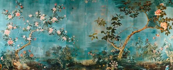 blossom tree With sparrow, finches, butterflies, dragonflies. Seamless pattern, background. Chinoiserie, traditional oriental botanical motif. AI generated illustration