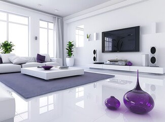 Modern white living room interior with empty TV and home entertainment system on the wall