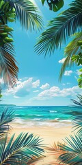 Tropical beach with clear blue skies, white sand, and turquoise water framed by palm leaves, capturing paradise's beauty.