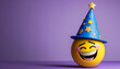 © Tom - Round yellow emoji with a content smile, in a blue party hat with stars, right side, violet background, left text space.