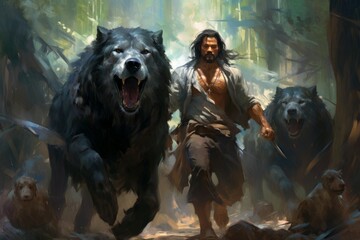 Canvas Print - A fearsome beastmaster, commanding a pack of loyal and deadly creatures. - Generative AI