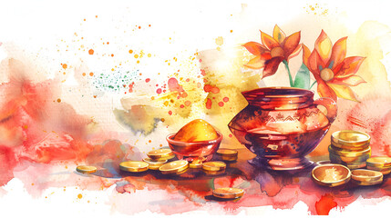 Watercolor illustration for akshaya tritiya with a pot with gold coins and decoration.