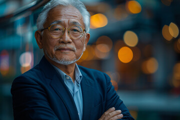 Canvas Print - Elderly Asian businessman with grey hair and glasses, smiling confidently with arms crossed in a vibrant city environment, showcasing professional success and modern lifestyle