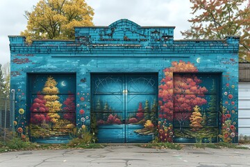 Wall Mural - A blue building with three doors and a mural of a forest on the side