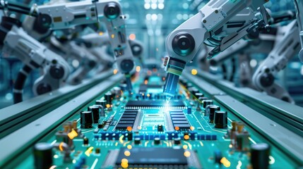 Poster - advanced high precision robot arms on fully automated pcb assembly line inside modern electronics fa