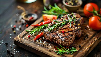 Grilled beef steak served on a wooden cutting board with rosemary twigs, spices, and vegetables.