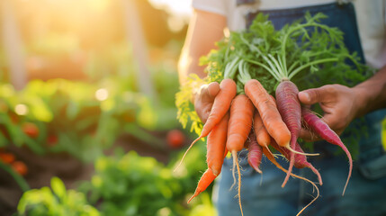 Close up hand of farmer holding bunch of freshly harvested carrots