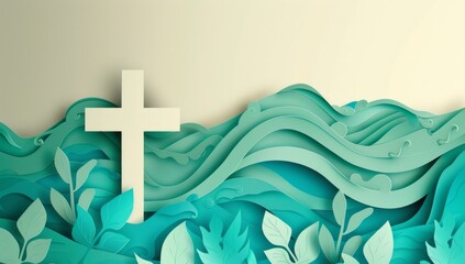 Wall Mural - paper cutout illustration of a cross and leaves on a beige background with a blue-green color palette Generative AI