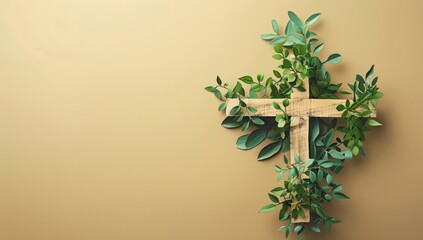 A cross made of wood and leaves in the style of paper cut style on a beige background with copy space Generative AI