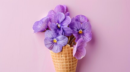 Purple flowers in an ice cream cone on a pink background.