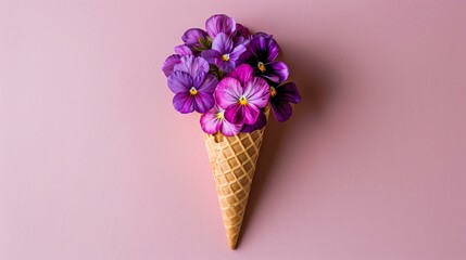 Wall Mural - Purple flowers in an ice cream cone on a pink background.