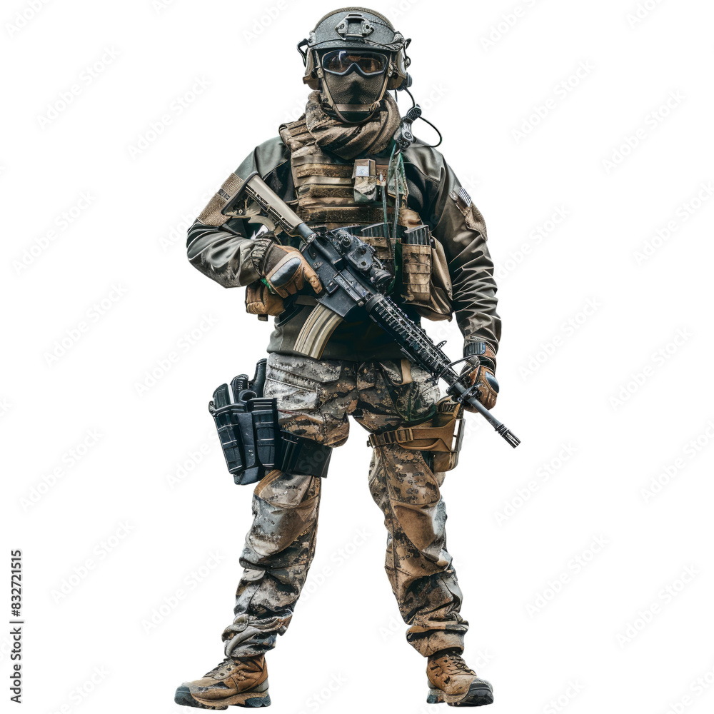 Fully equipped military soldier with a rifle, standing isolated on a ...