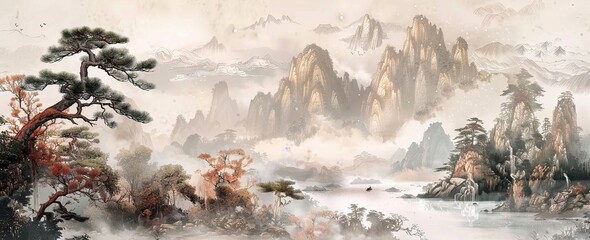 Wall Mural - Hand drawn watercolor landscape. Norway, cold nature. Mural Wallpaper. AI generated illustration