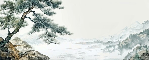 Wall Mural - Hand drawn watercolor landscape. Norway, cold nature. Mural Wallpaper. AI generated illustration