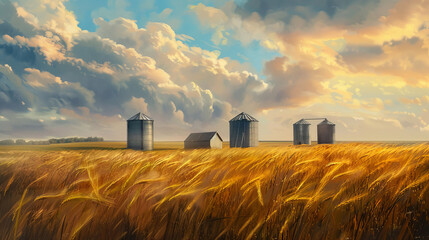A painting of a field with four silos and a house in the background