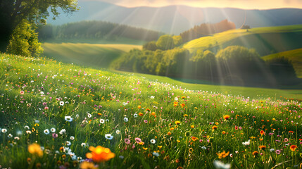 Wall Mural - Beautiful natural spring summer landscape of a flowering meadow in a hilly area on a bright sunny day. Many flowers in a field in green grass. Small zone of sharpness.