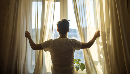 Wall Mural - Man opening window curtains at home, back view