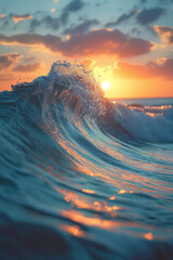 Poster - Soft waves rolling in under a sunset sky, evoking feelings of calm and relaxation,