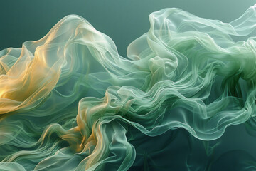 Wall Mural - Fluid, ribbon-like sound waves in soft greens and yellows, flowing gracefully across the image,