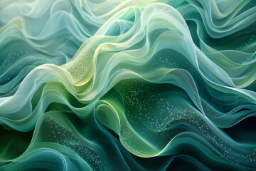 Poster - Smooth, curved sound waves in cool blues and greens, creating a sense of tranquility,