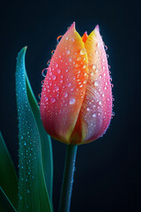 Wall Mural - Detailed shot of a tulip petal, with glistening dewdrops enhancing its rich, vibrant color,