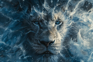 Poster - A cave lion depicted with sharp, dynamic lines and a palette of icy blues and grays,
