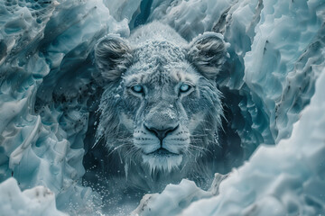 Poster - A cave lion depicted with sharp, dynamic lines and a palette of icy blues and grays,