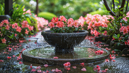 A magical English secret garden with red and pink flowers. 