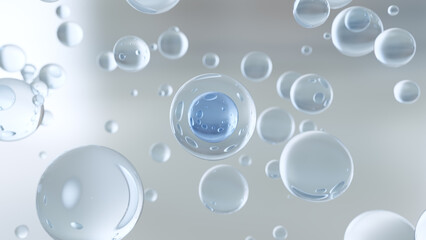 Poster - 3D rendering Cosmetics Blue Serum bubbles on defocus background. Collagen bubbles Design. Moisturizing Essentials and Serum Concept. Vitamin for health care and beauty concept.