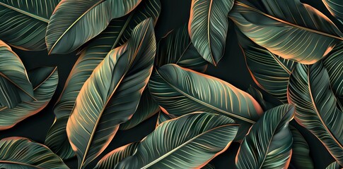 Wall Mural - 3D render of a seamless pattern with banana leaves in green and brown colors on a black background. AI generated illustration