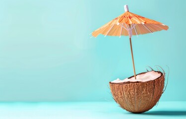 Wall Mural - Tropical beach concept made of coconut fruit and miniature umbrella. Creative minimal summer idea.