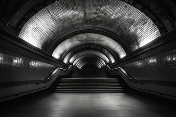 Aufkleber - A black and white photograph of an old metro station, highlighting its timeless, classic aesthetic,