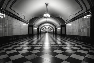 Poster - A black and white photograph of an old metro station, highlighting its timeless, classic aesthetic,