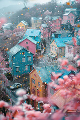 Poster - A whimsical landscape with colorful sprinkle rain falling on a row of pastel houses,