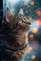 Aufkleber - A playful image of a cat watching colorful sprinkle rain through a window,