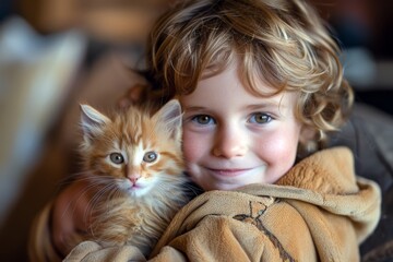 Smiling child hugging a fluffy kitten indoors