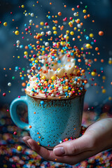 Poster - Macro view of colorful sprinkles falling into a cup of hot cocoa, creating a magical effect,