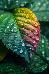 Leinwandbilder - Close-up of colorful sprinkles landing on a leaf, resembling raindrops,