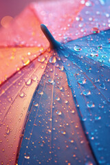Poster - Macro shot of rainbow sprinkles raining down onto a pastel-colored umbrella,