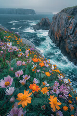 Poster - A tranquil seaside cliff with wildflowers in bloom and waves crashing gently below,