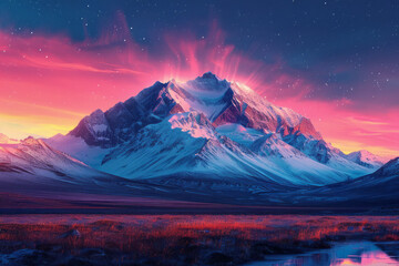 Wall Mural - A peaceful mountain scene with snow-capped peaks under a sky filled with the vibrant hues of the Northern Lights,